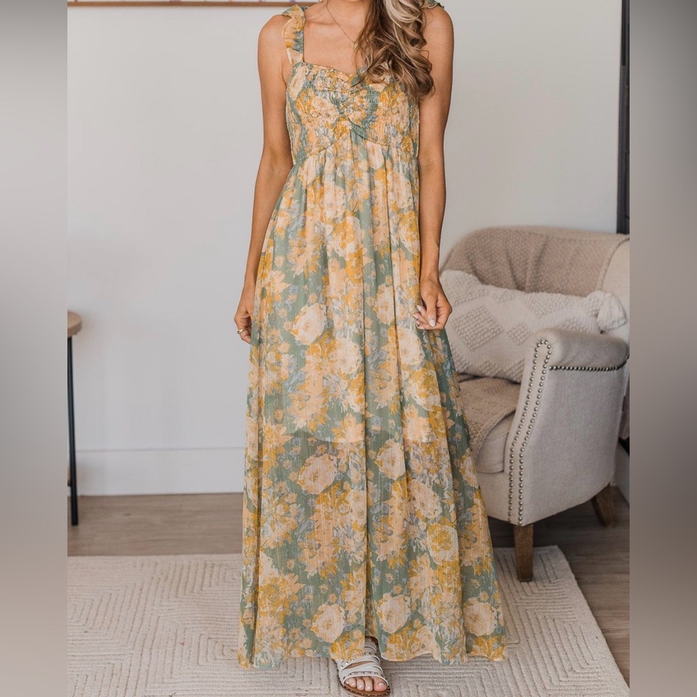 Mittoshop Staying True Floral Maxi Dress Dark Sage & Yellow Sz L